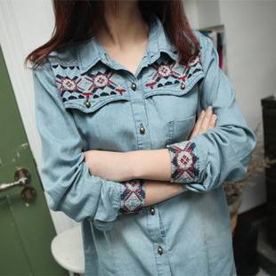 2013 Spring Women's Trend Vintage Embroidery Blue Shirt Long-sleeve Denim Blouses For wholesales,M-T0017,FREE SHIPPING