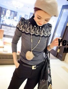 2013 Spring Women's Turtleneck Fashion Slim Long-sleeve Lace Top Lady's Pullover Shirt