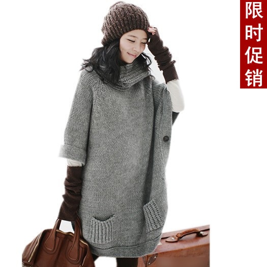 2013 spring women's turtleneck long design knitted plus size loose knitted sweater outerwear female