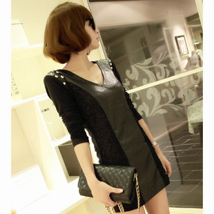 2013 spring women's V-neck long-sleeve T-shirt long design slim hip lace patchwork leather basic shirt female slim