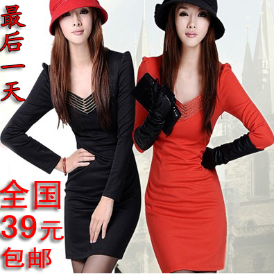 2013 spring women's V-neck slim hip sexy slim long-sleeve basic one-piece dress