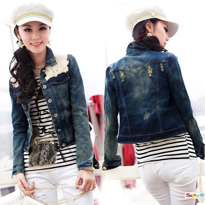 2013 spring women's water wash fashion rose flower lace hole denim outerwear 379874 high quality