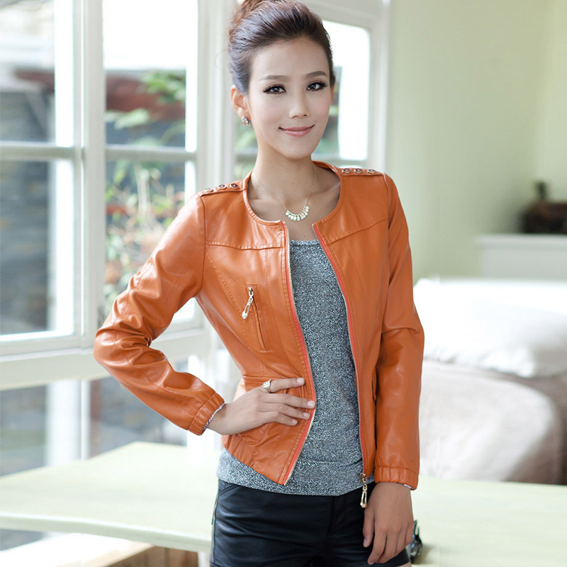 2013 spring women's water washed leather clothing short design slim o-neck PU women's black leather jacket outerwear