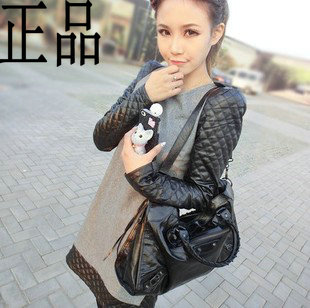 2013 spring women's woolen one-piece dress autumn and winter patchwork leather basic plus size one-piece dress