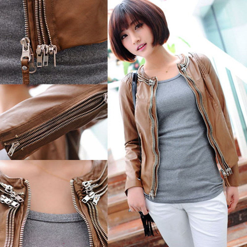 2013 spring women's zipper decoration o-neck long-sleeve slim water washed leather clothing short jacket