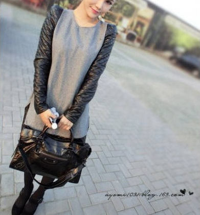 2013 spring woolen one-piece dress leather patchwork shoulder pads long-sleeve 508 one-piece dress