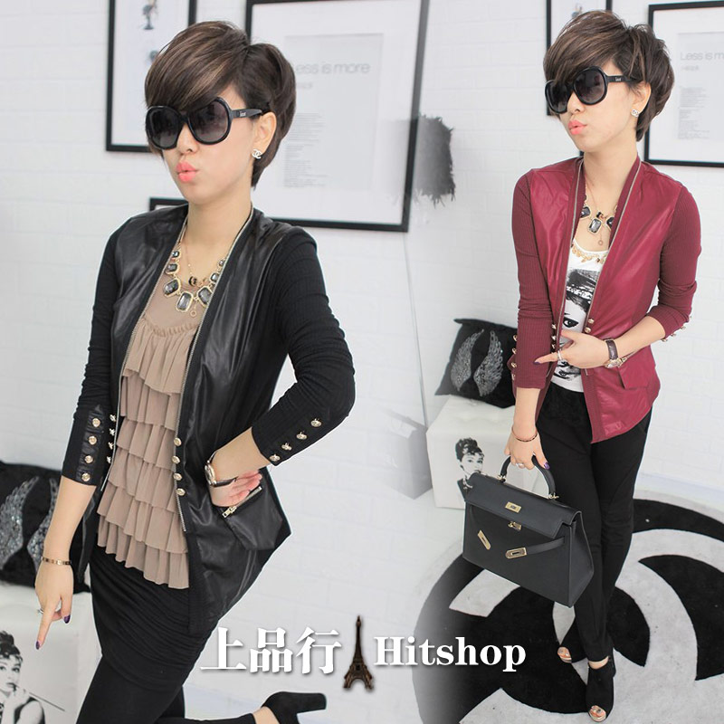 2013 spring yarn patchwork gold button decoration female slim leather clothing outerwear