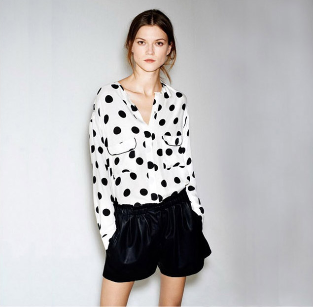 2013 Spring Za Fashion Big Polka Dot Turn-down Collar Long-sleeve Large Pocket Shirt Blouses for Women Free shipping ~