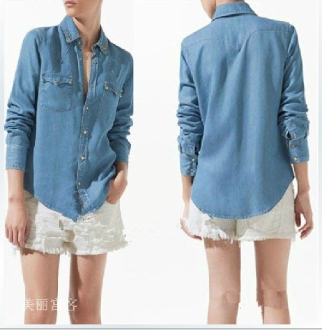 2013 Spring ZA ** Style women Long Sleeve Denim Shirt Blue Color With Rivets Casual Style Free shipping