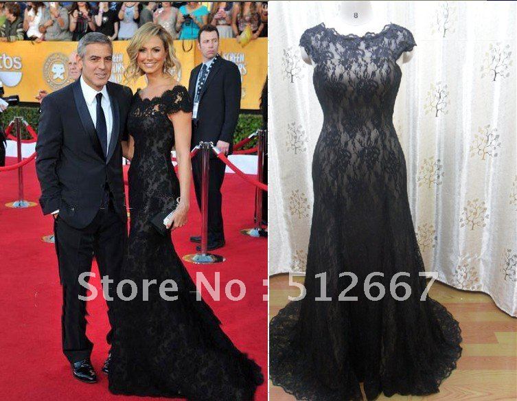 2013 Stacy Keibler Mermaid Off the Shoulder Black Lace Sweep Train Celebrity Party Dress free shipping