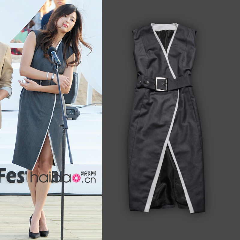 2013 star style intellectuality elegant hemming vari-bow curved grey long design thin trench vest