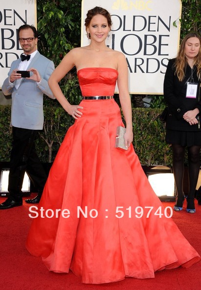 2013 Strapless Black Belt A-line Jennifer Lawrence Celebrity Dress 70th Golden Globe Evening Gown
