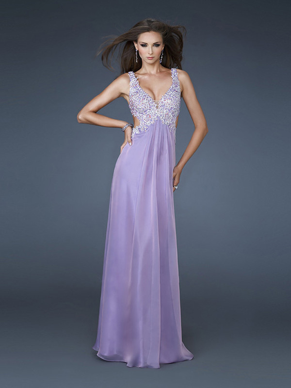 2013 Style A-line V-neck  Applique  Sleeveless Floor-length Chiffon Prom Dresses / Evening Dresses (XZ02334)