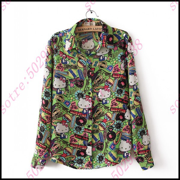 2013 Style/ Chic Ladies Lapel Cartoon Cat Chiffon Blouse Freeshipping