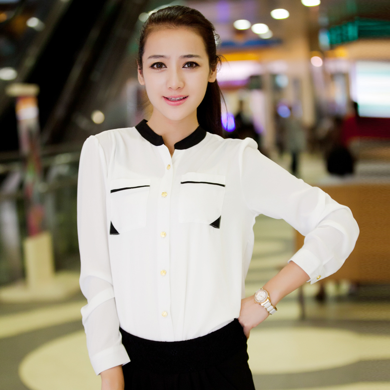 2013 stylish women color block gold buckle small stand collar shirt chiffon shirt OL long-sleeve shirt