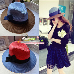 2013 summer bow strawhat strap paragraph fedoras fashion female colorant match large brim hat