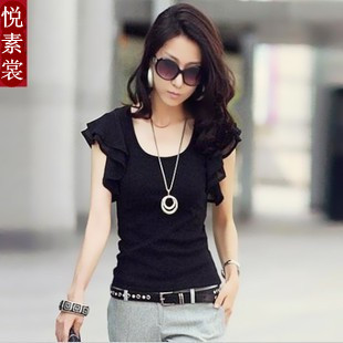 2013 summer chiffon ruffle sleeve shirt short-sleeve o-neck solid color all-match gentlewomen chiffon t-shirt