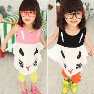 2013 summer child baby girls clothing cartoon the cat sleeveless vest chess t-shirt