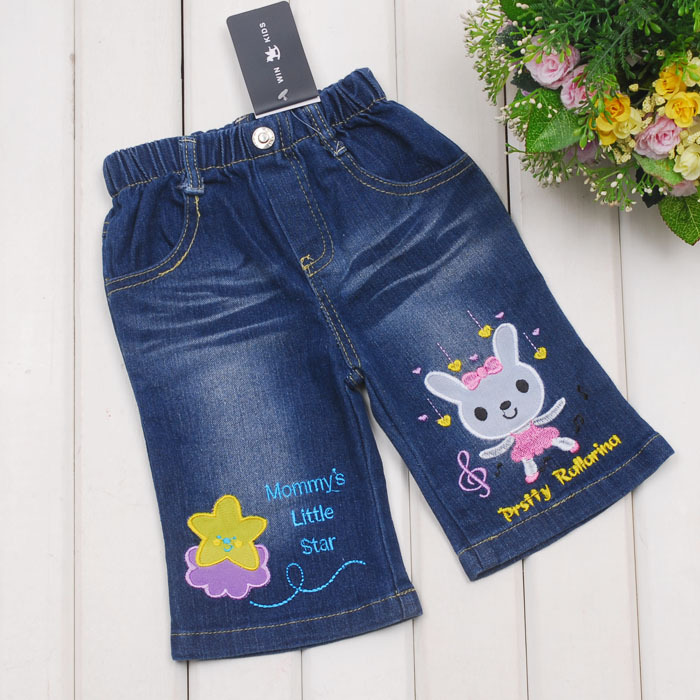 2013 Summer Children Pant Girls Embroidery Rabbit Design Jeans Long Pant Kids Clothes Free Shipping 6 PCS