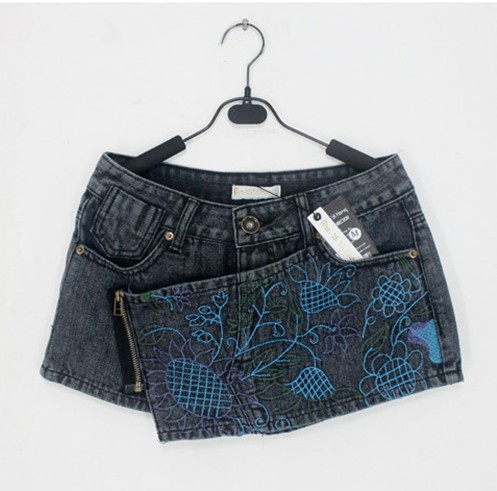 2013 summer delicate vines embroidered oblique zipper culottes denim shorts 373789 high quality