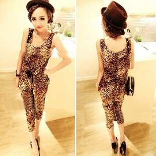 2013 Summer fashion leopard chiffon jumpsuit ladies sleeveless O-neck pants jumpsuits free shipping