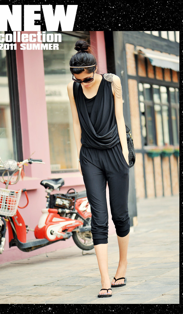 2013 summer fashion shoulder chain decoration leisure seven star version of the fake two piece jumpsuit