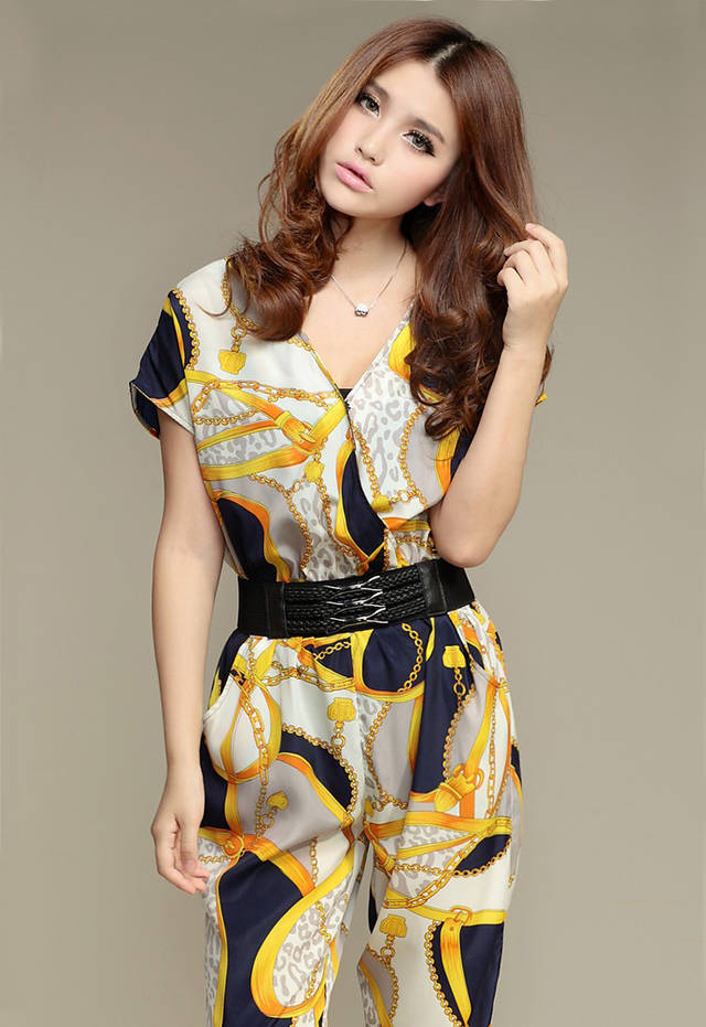 2013 summer fashion women's short-sleeve V-neck painting fashion jumpsuit trousers with belt 75100