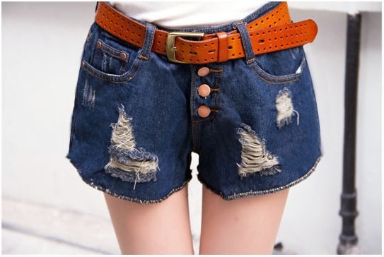 2013 summer female loose vintage high waist single breasted distrressed denim shorts