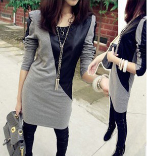 2013 summer gentlewomen handsome leather patchwork long sleeve length t-shirt basic one-piece dress 417