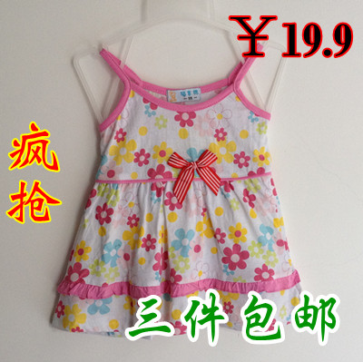 2013 summer girls clothing cotton flower bow 100% spaghetti strap tank dress floral print dress