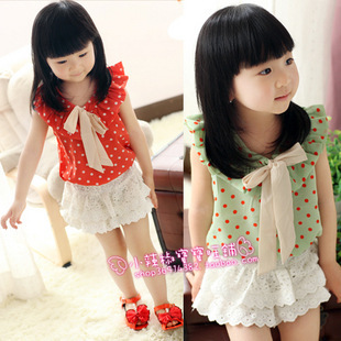 2013 summer girls clothing fresh polka dot bow sleeveless chiffon vest t-shirt female child t-shirt set