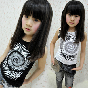 2013 summer girls clothing - spiral all-match o-neck sleeveless vest T-shirt rhinestones