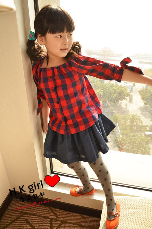 2013 Summer Girls Dresses Children Kids Clothing Blouse Plaid Design Three Quarters Best Selling 5 pcs a lot