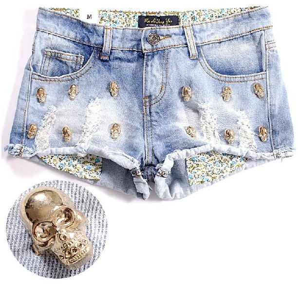 2013 Summer Hot Metal Skull Heads Denim Shorts Distressed Washed Jeans Shorts Free Shipping Roll Hem 014