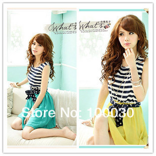 2013 Summer Ladies Chiffon Stripes Dress Sleeveless Scoop Neck Splicing Vest Dress free shipping 1699