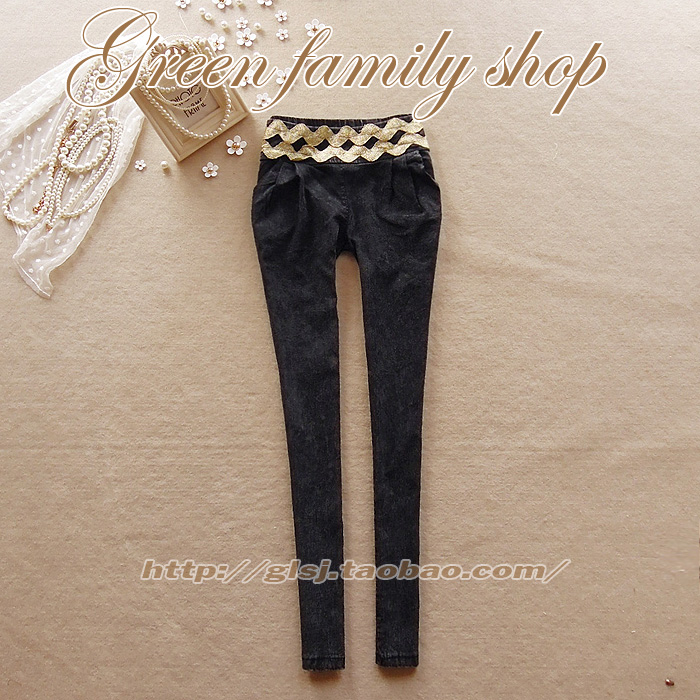 2013 summer ladies gold 223 cummerbund pleated thin denim skinny pants pencil pants