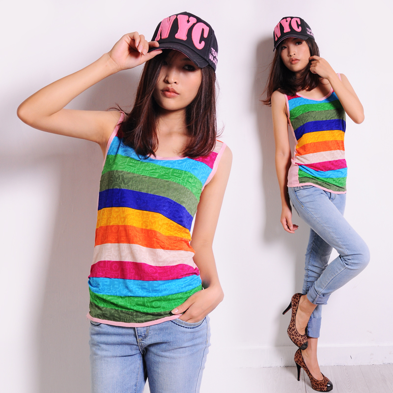 2013 summer multicolour stripe spaghetti strap vest female basic small vest female vest spaghetti strap basic top