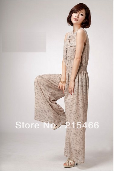 2013 Summer New Arrival Women's Fashion Elastic Waist Chiffon Dot print Jumpsuits Rompers M/L Free Size Wholesale and Retail