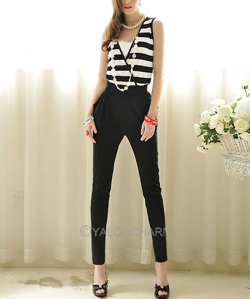 2013 Summer New Dresses 1pc Black& White Stripes Sleeveless V-neck Long Vest Harem Pants Jumpsuits for women 70304-70307