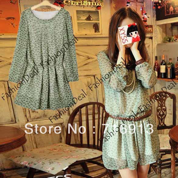 2013 summer New fashion Women's Chic Crew Neck Chiffon Dress Tunic Green One Sizes (without belt)free shipping 2834