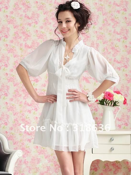 2013   Summer   New  Hot Sales Fashion  White V-Neck Chiffon White   Dress  Style#DG1008