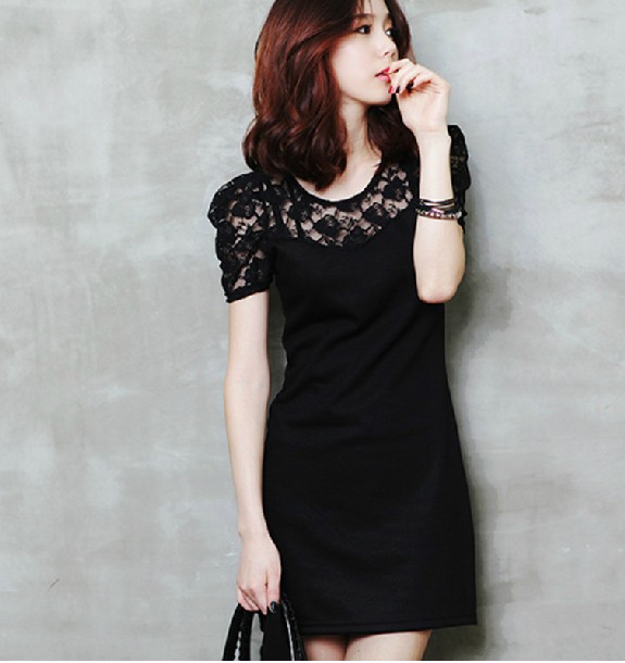 2013 summer new Korean black lace dress large size women's short-sleeved Slim was thin size S-XXXXL