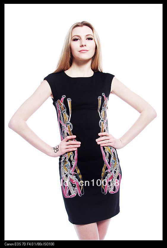 2013 Summer new sleeveless printed round neck the office style Slim Dress