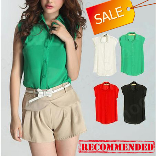 2013 Summer New Style Ladies' Chiffon Slim T-shirt Candy Color OL Temperament Sleeveless Single Button Blouse Tops  E0829
