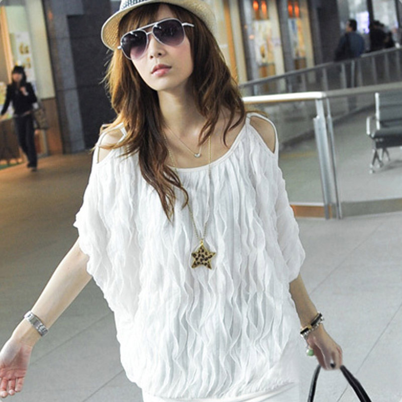 2013 summer short-sleeve shirt big o-neck chiffon strapless top women's spaghetti strap top loose t-shirt cute shirt