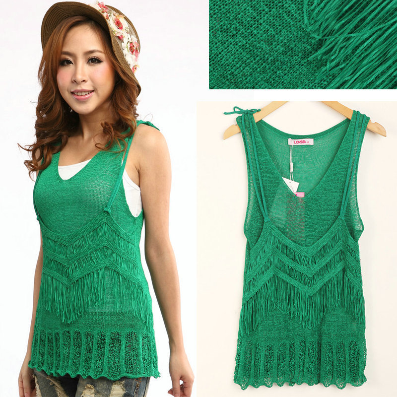 2013 summer spaghetti strap vest women's sweater solid color sweater tassel cutout slim 2 piece set