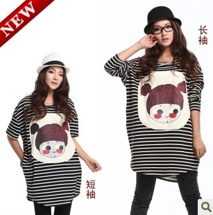 2013 summer stripe maternity t-shirt long-sleeve maternity top cartoon girl short-sleeve t07 bianzi