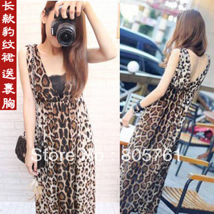 2013 Summer V-neck sexy leopard printing slim long design one-piece dress fashion vest beach dress Free Shipping
