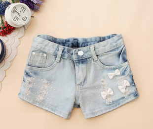 2013 summer vintage sweet patchwork loose diamond bow denim shorts hole female