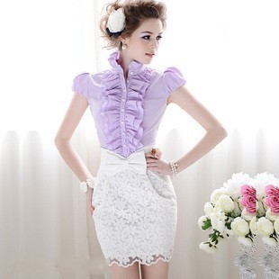 2013 Summer Woman Slim Elegant Ruffle Stand Collar Bubble Short-sleeve Blouses Sweet Female Tops